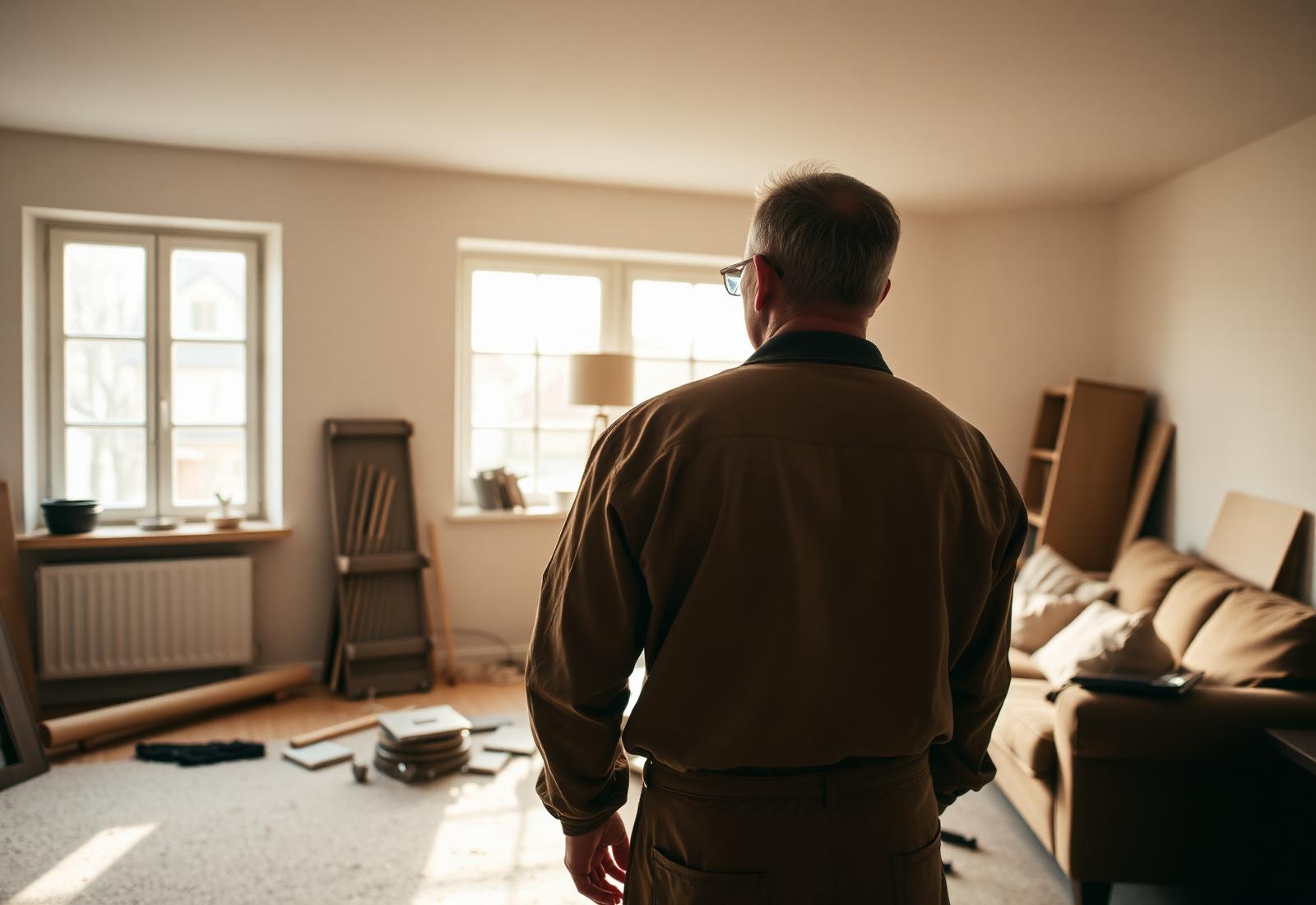 Hendrik in een half-gerenoveerde woonkamer